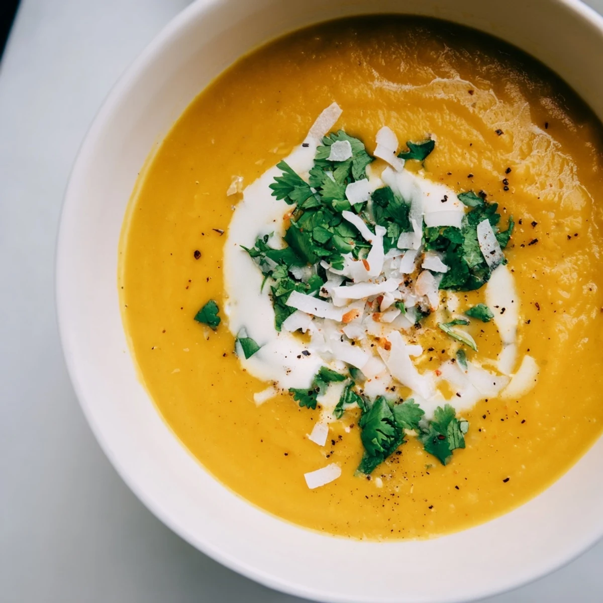 A creamy, vegan Carrot and Ginger Soup with Coconut Milk swirled with coconut milk, served warm.  