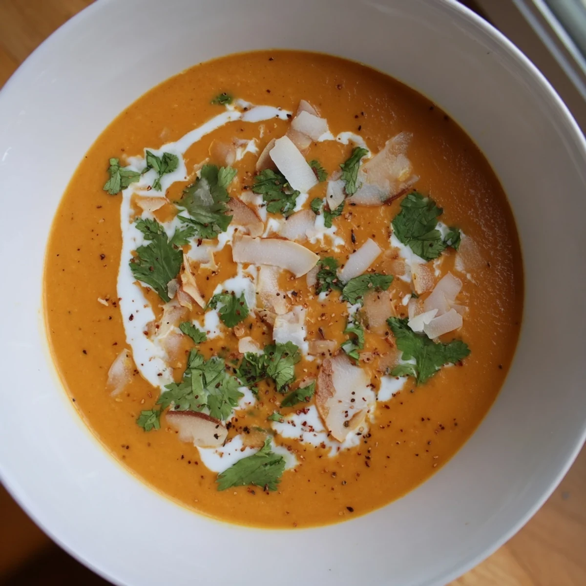 Golden Carrot and Ginger Soup with Coconut Milk in a rustic bowl, topped with cilantro and pepper.