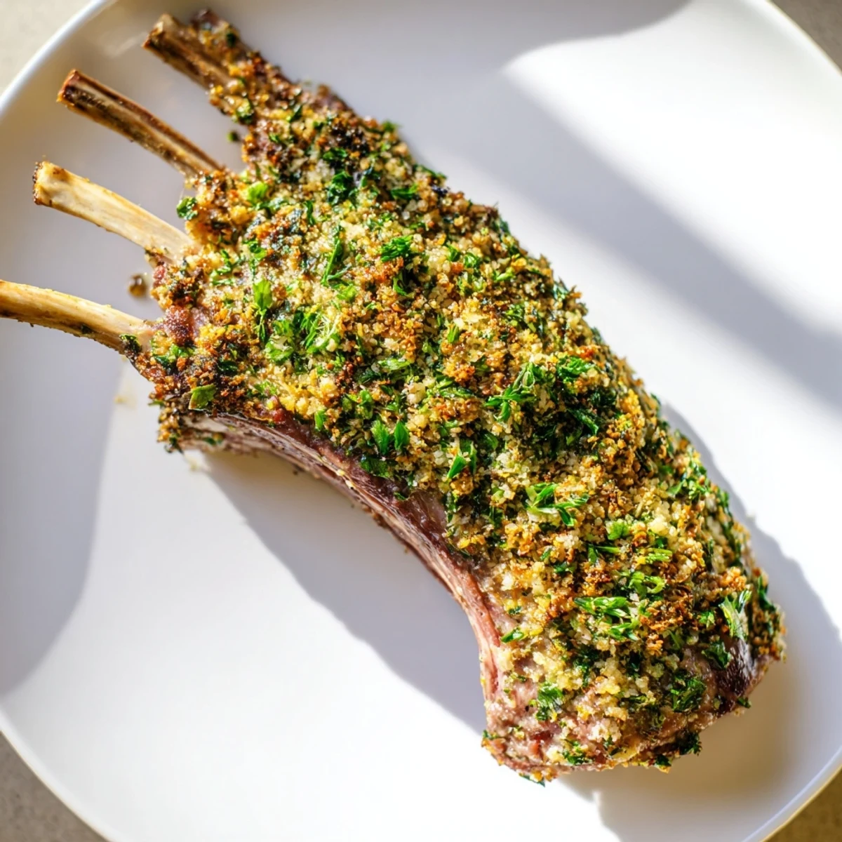 A close-up view of a juicy rack of lamb with golden herb crust, showcasing the perfectly pink meat inside.  
