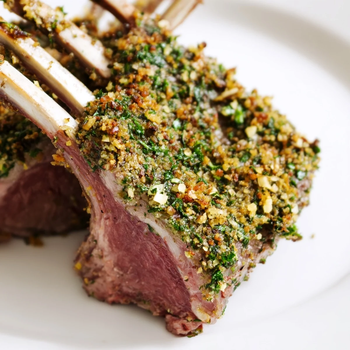 A beautifully presented roasted lamb rack with herb crust sits sliced on a rustic wooden platter, ready to be served.  