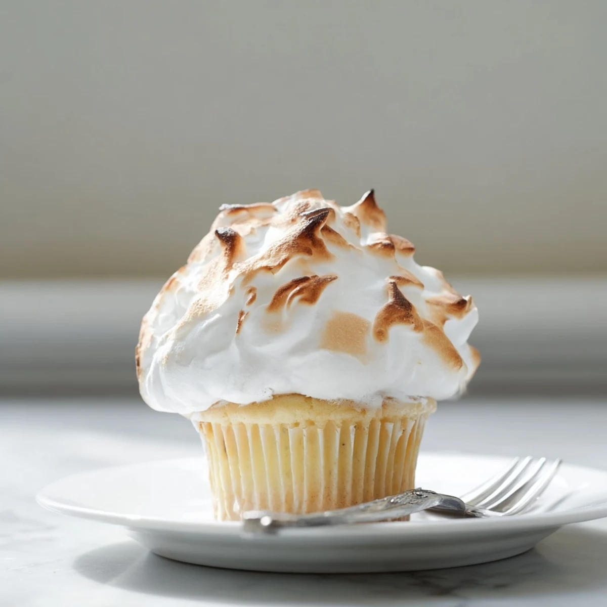 Fluffy lemon cupcakes topped with tangy lemon curd and a cloud of toasted meringue, ready to serve on a dessert platter.