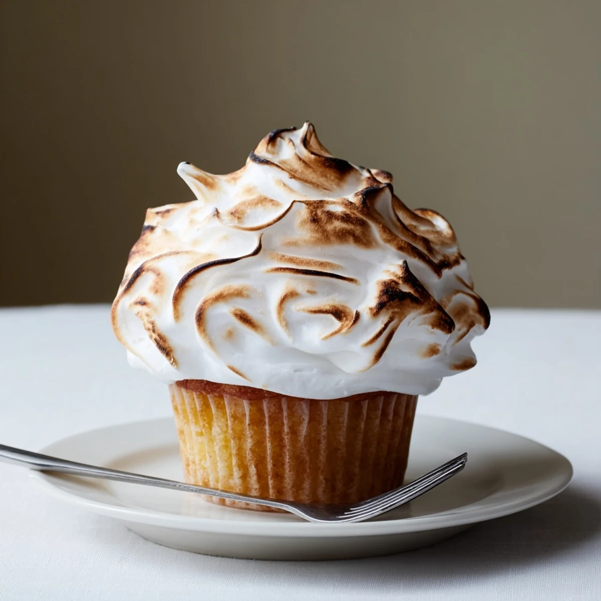 Golden-brown toasted meringue crowns these lemon meringue cupcakes, revealing the bright yellow lemon curd filling inside.