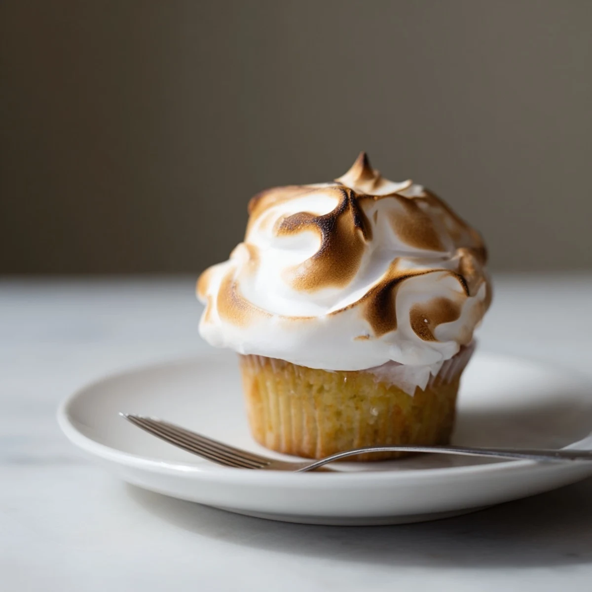 A close-up of Lemon Meringue Cupcakes showing piped meringue and a dusting of powdered sugar for a sweet finish.