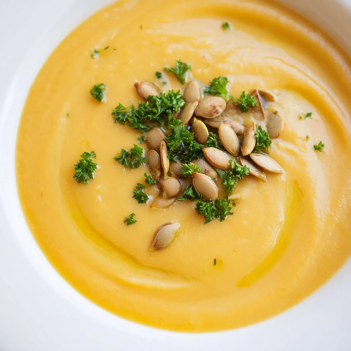 Creamy Pumpkin Soup with Toasted Seeds served steaming in a rustic bowl with herbs.  