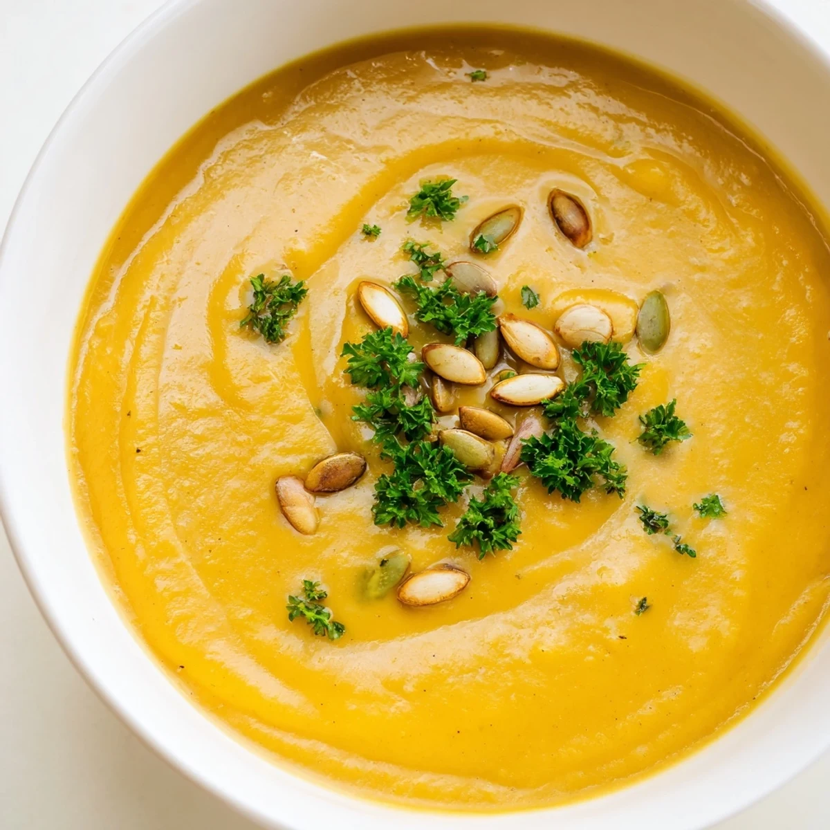 Creamy Pumpkin Soup with Toasted Seeds garnished with crunchy seeds and swirls of cream.  