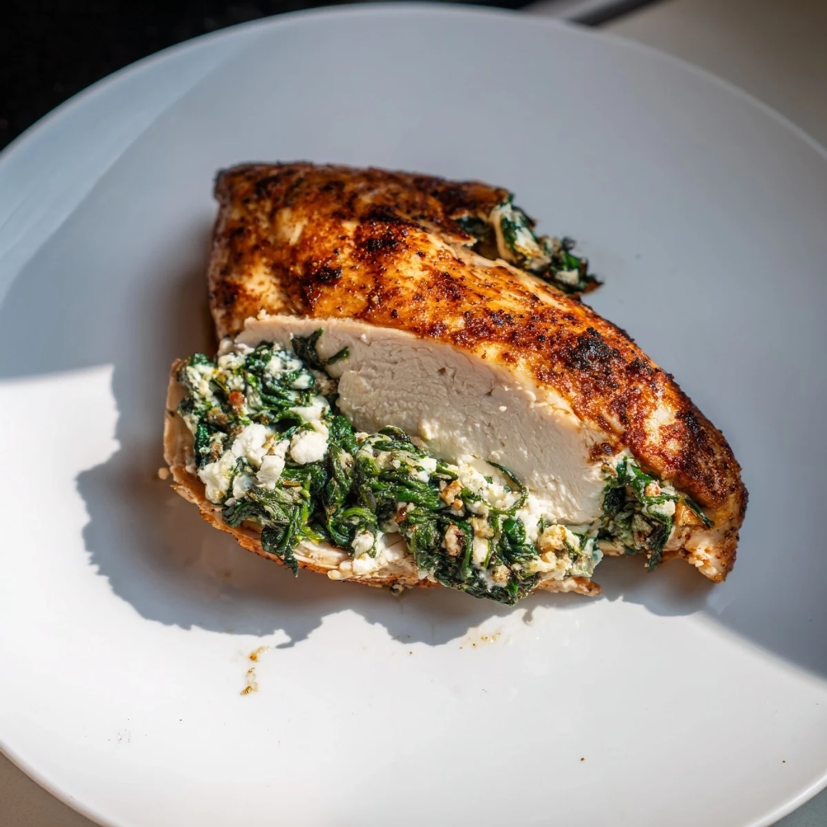 Golden-baked spinach and feta stuffed chicken breast sliced open to reveal the creamy, savory filling.
