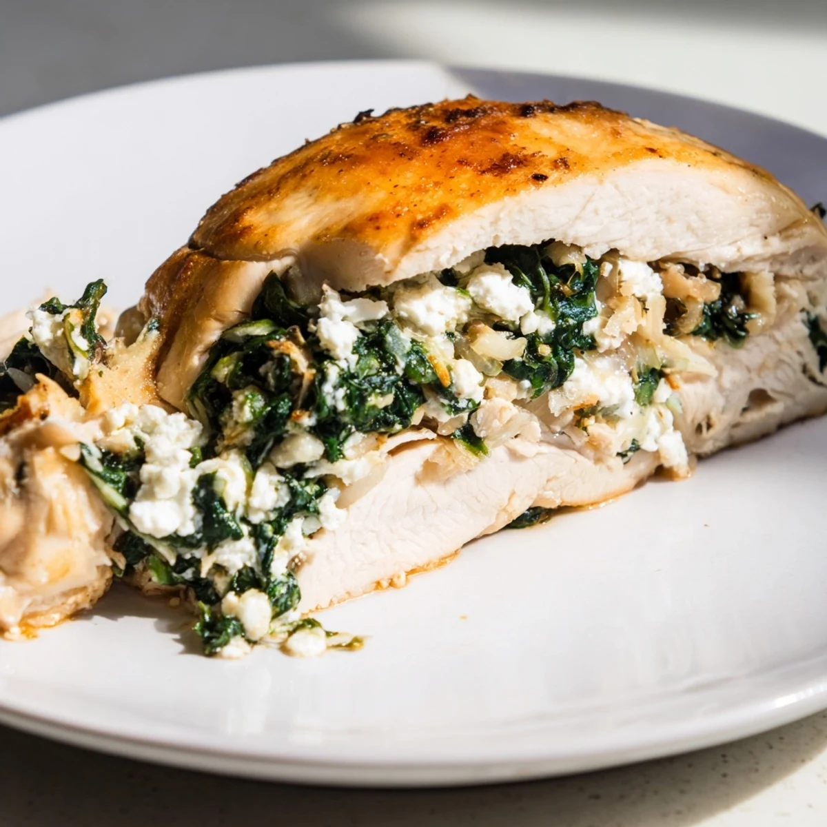 A juicy spinach and feta stuffed chicken breast served alongside roasted vegetables on a white plate.