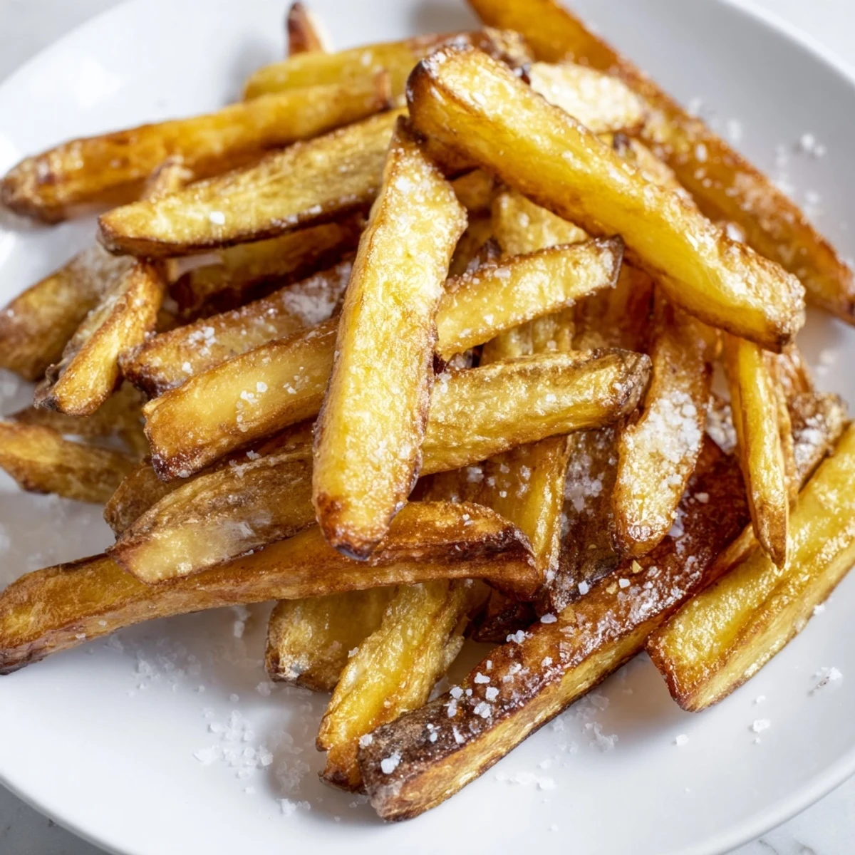 The ingredients for Crispy Air Fryer French Fries with Sea Salt, including fresh russet potatoes, olive oil, and flaky sea salt.