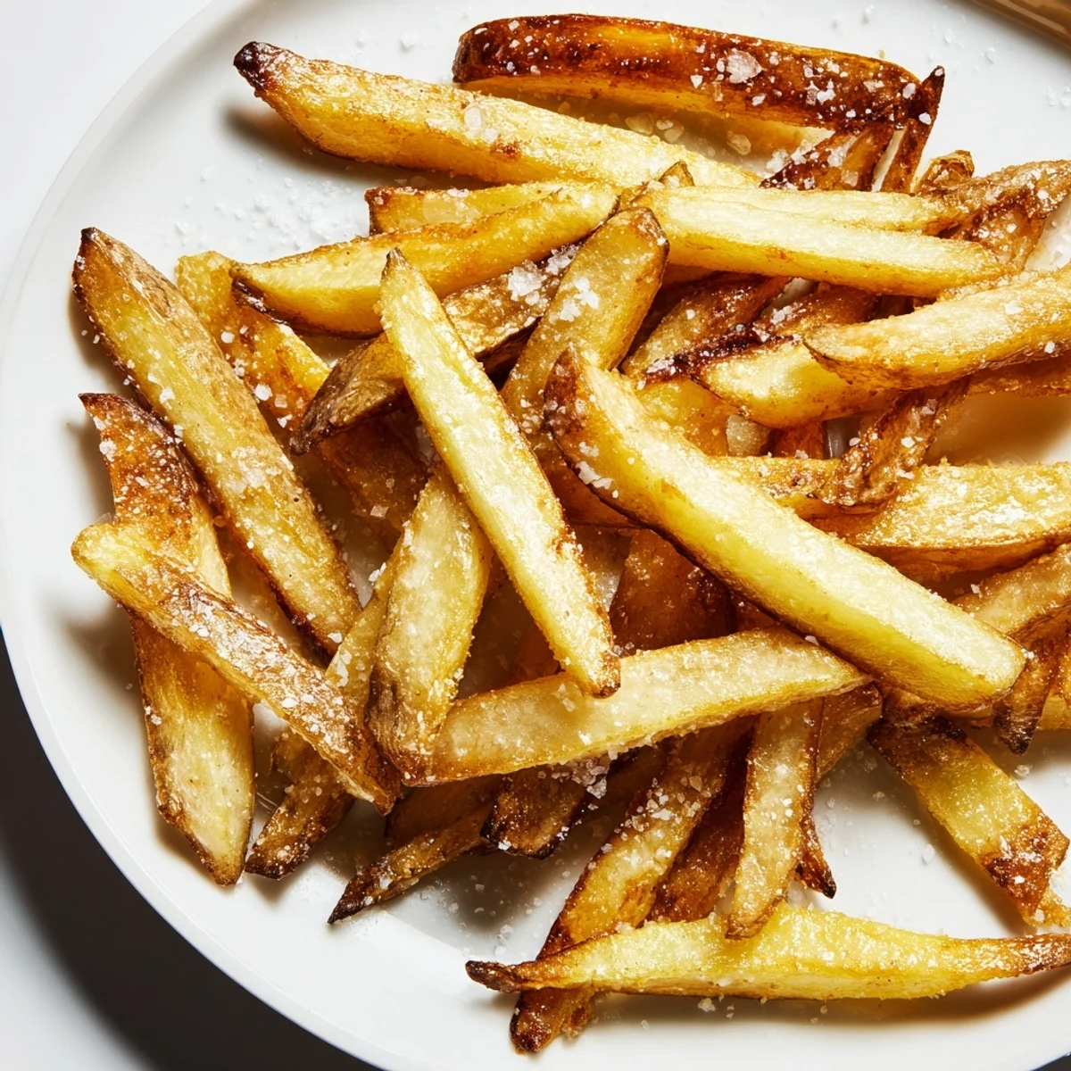 A close-up of Crispy Air Fryer French Fries with Sea Salt, golden brown with a satisfying crunch, served hot in a basket.