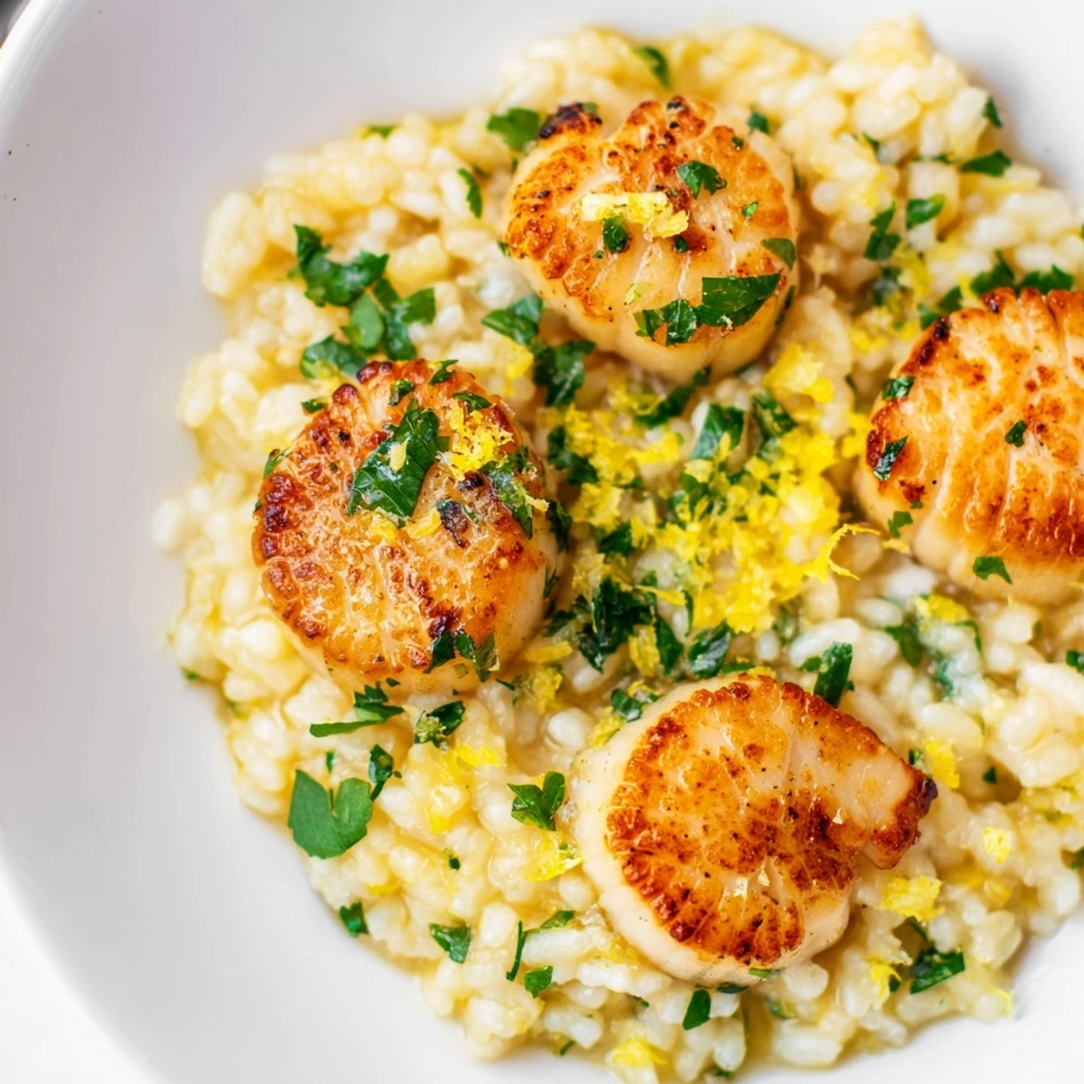 Tender golden seared Lemon Garlic Scallops with Risotto on a white plate, with creamy texture and lemon zest visible for a restaurant-style presentation.