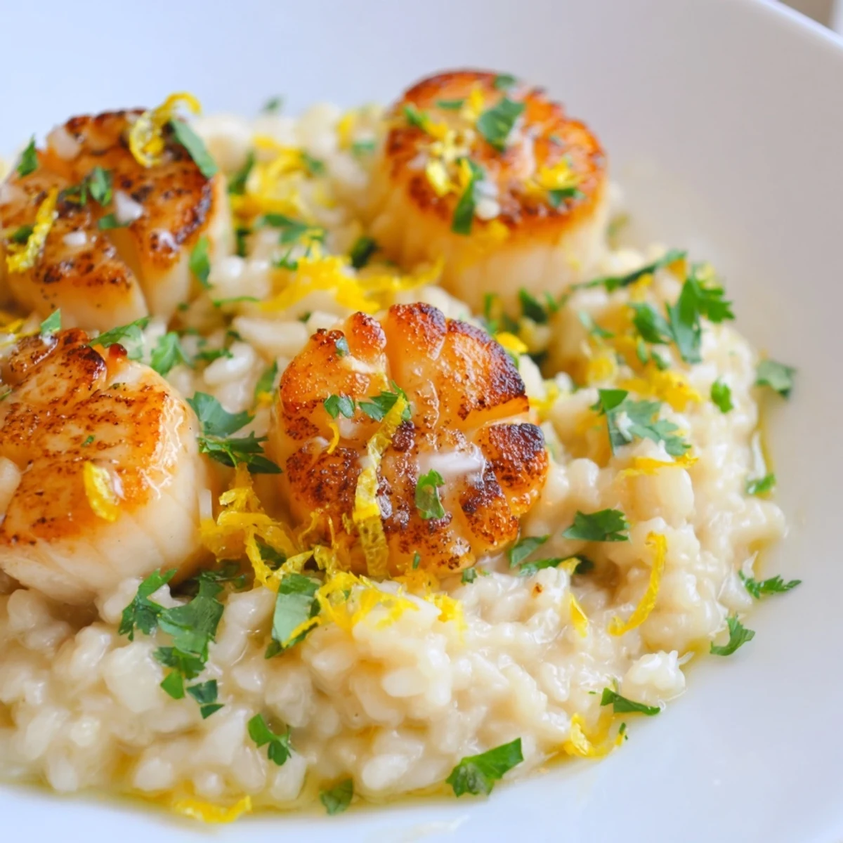 Enjoy this elegant Lemon Garlic Scallops with Risotto served in a shallow bowl, highlighting the rich parmesan sauce and buttery, garlic-infused scallops.