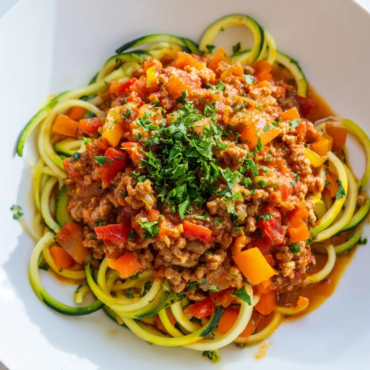 A close-up of Turkey Bolognese Sauce with Zucchini Noodles, featuring fresh spiralized zucchini topped with a rich, chunky tomato and herb sauce.