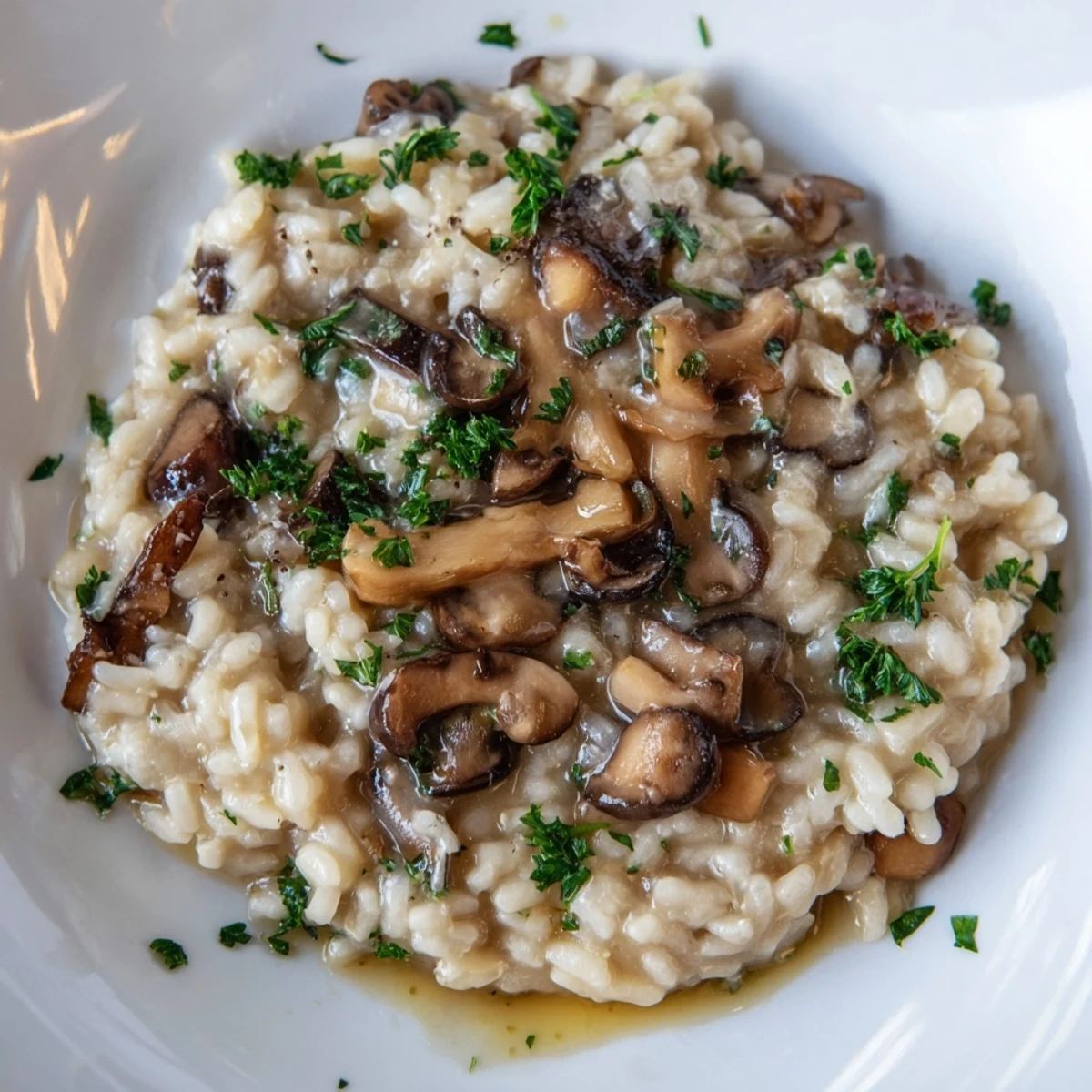 Earthy mushrooms and silky truffle oil elevate this Creamy Mushroom Risotto, served warm for a comforting dinner.