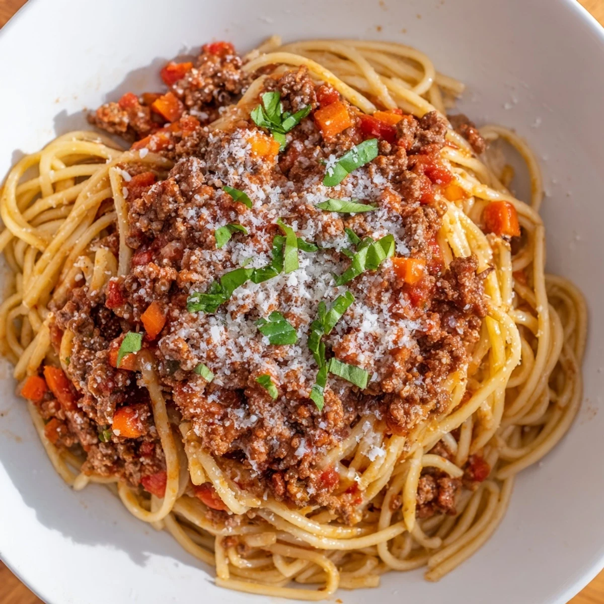 A close-up of Beef Bolognese with Spaghetti coated in rich, chunky tomato sauce and topped with fresh basil.