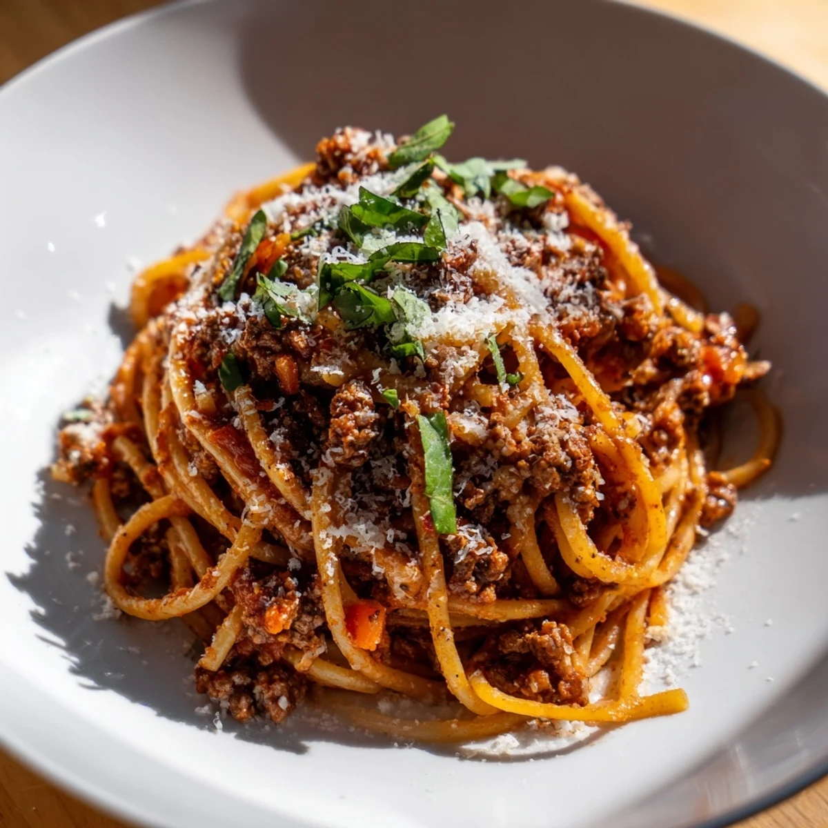 Steam rising from a warm bowl of Beef Bolognese with Spaghetti served with grated Parmesan and garlic bread.