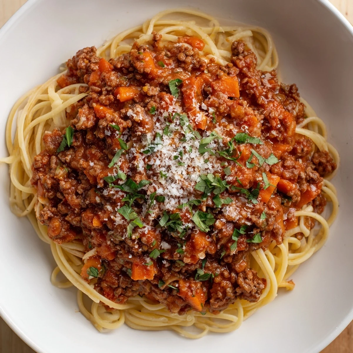 Fork twirling Beef Bolognese with Spaghetti beside a glass of red wine on a rustic wooden table.