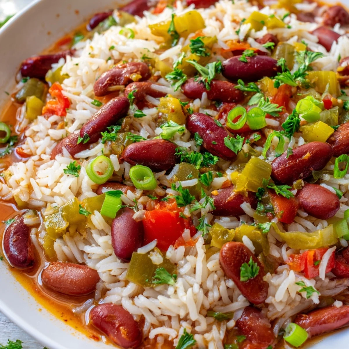 A vibrant bowl of Mardi Gras Rice and Beans with fluffy rice, red kidney beans, and colorful diced peppers and onions.