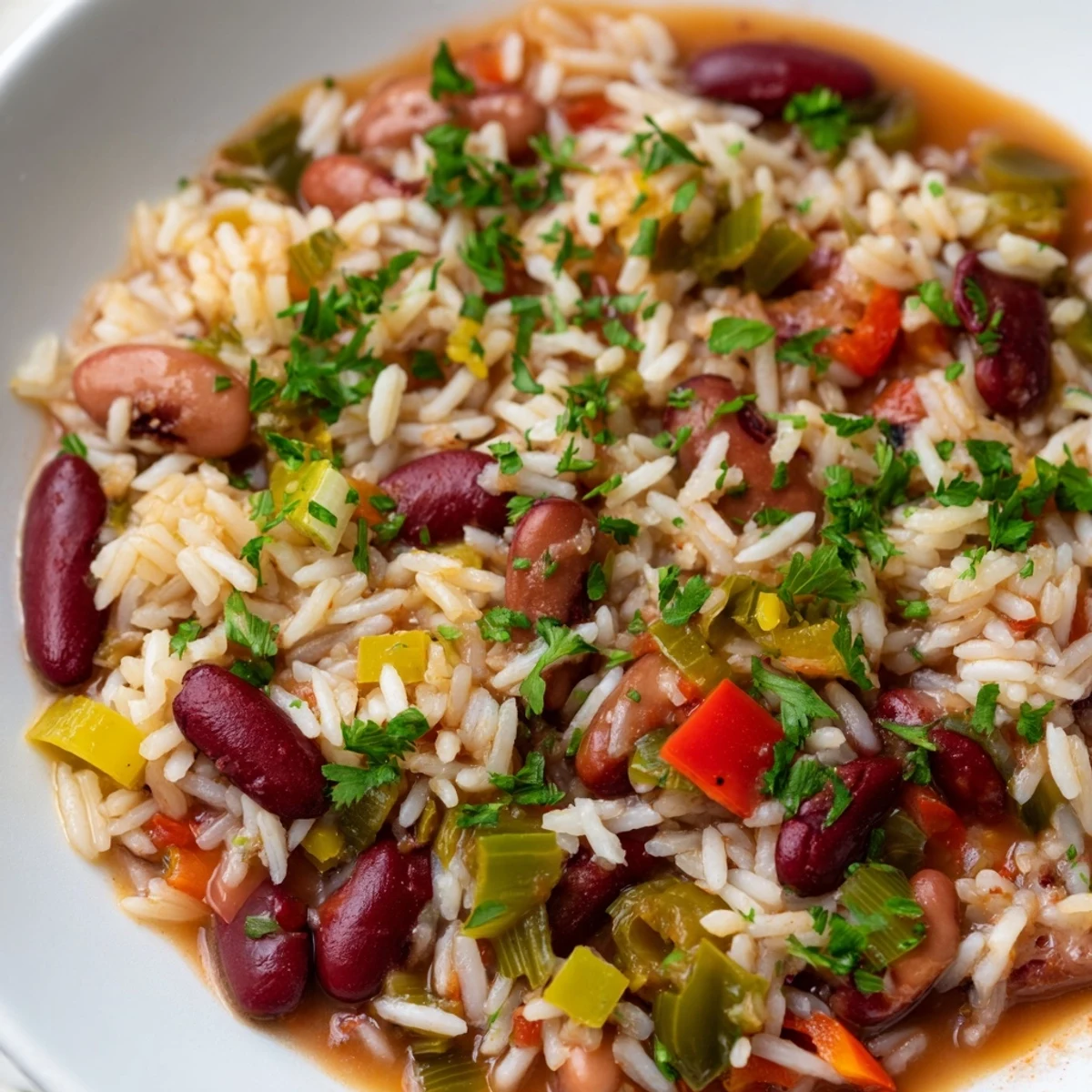 Serving suggestion for Mardi Gras Rice and Beans, featuring a colorful vegetable and bean medley with a side of cornbread.