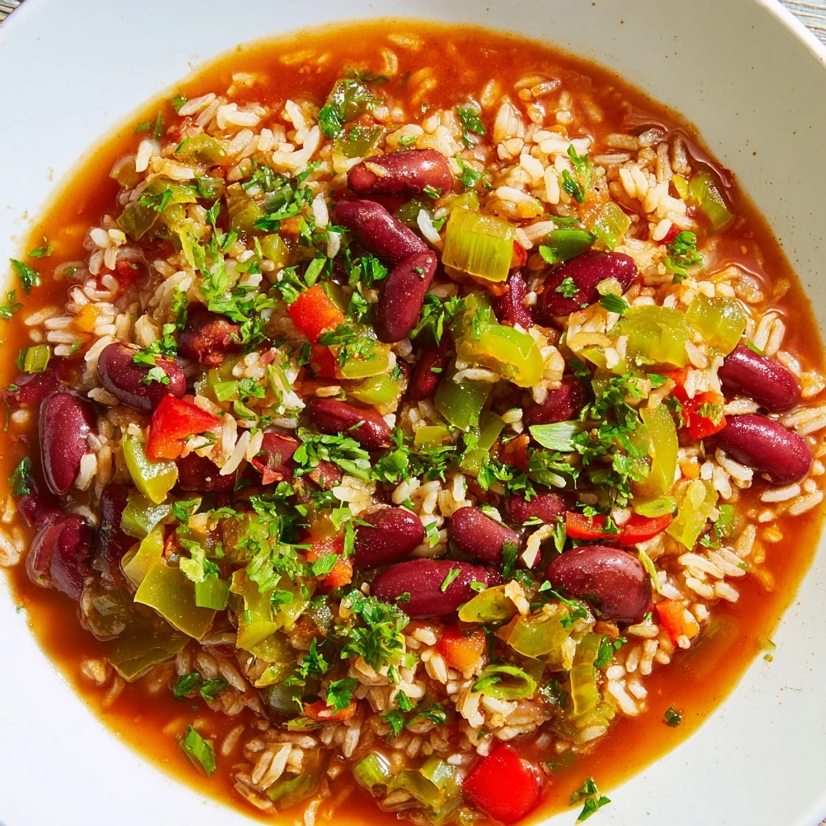 Hearty Mardi Gras Rice and Beans garnished with fresh parsley and green onions, steaming in a rustic bowl on a wooden table.