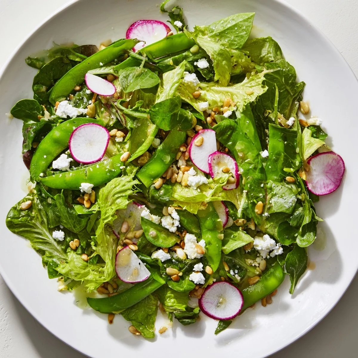 Freshly prepared Spring Greens Salad with Lemon Vinaigrette includes mixed greens, sunflower seeds, and creamy feta on a rustic plate.