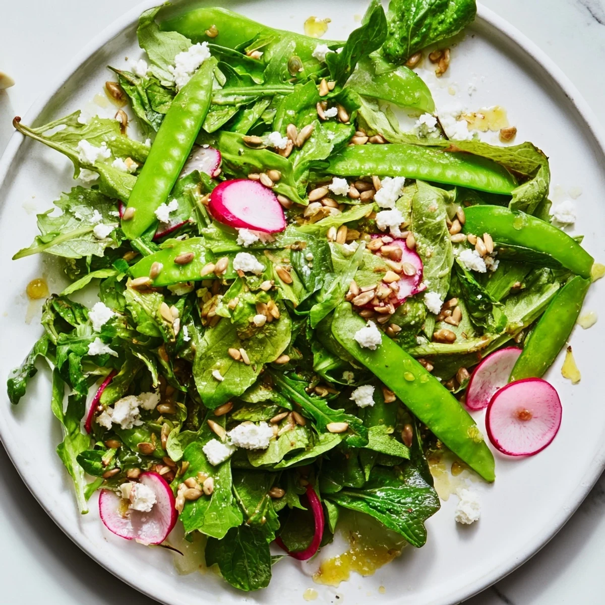 A vibrant Spring Greens Salad with Lemon Vinaigrette features crisp radishes and snap peas tossed in a bright citrus dressing.