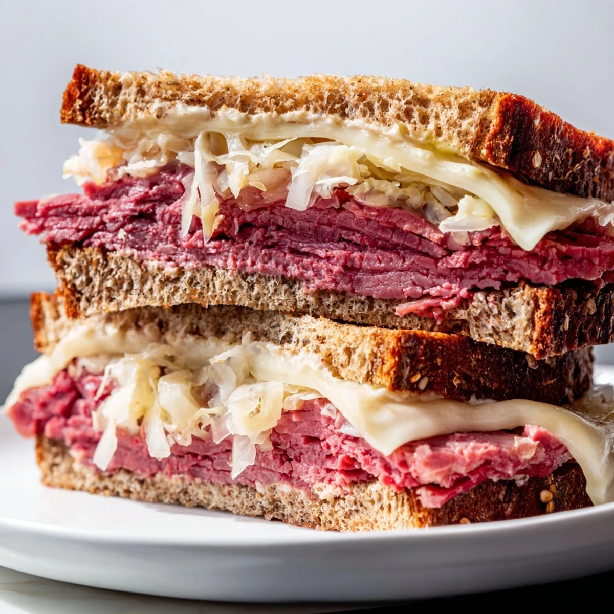 A close-up of a golden grilled Corned Beef Sandwich on Rye cut in half, revealing layers of corned beef, Swiss cheese, and sauerkraut.