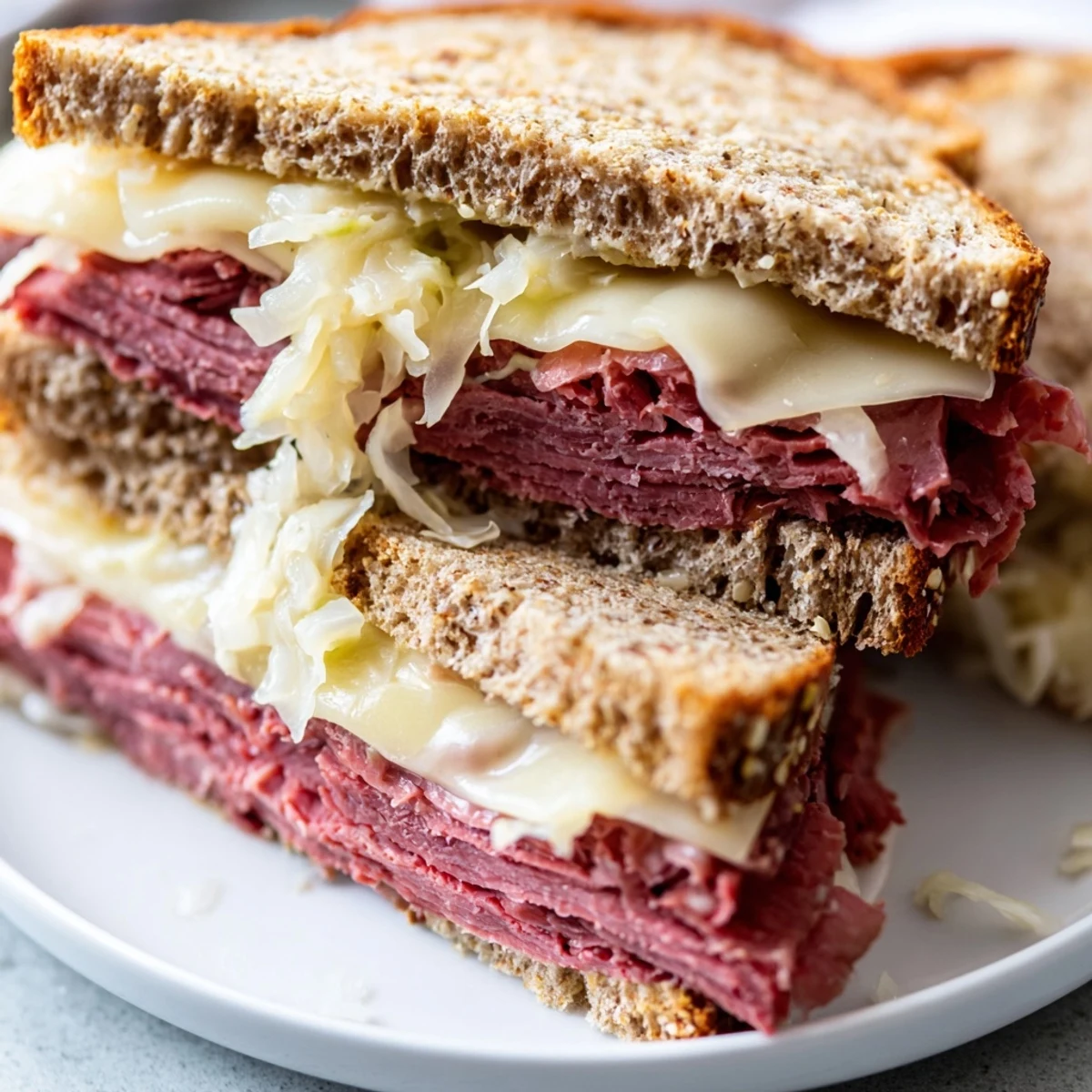 The Corned Beef Sandwich on Rye rests on a wooden cutting board, with melted Swiss cheese oozing and rye bread crisped to perfection.
