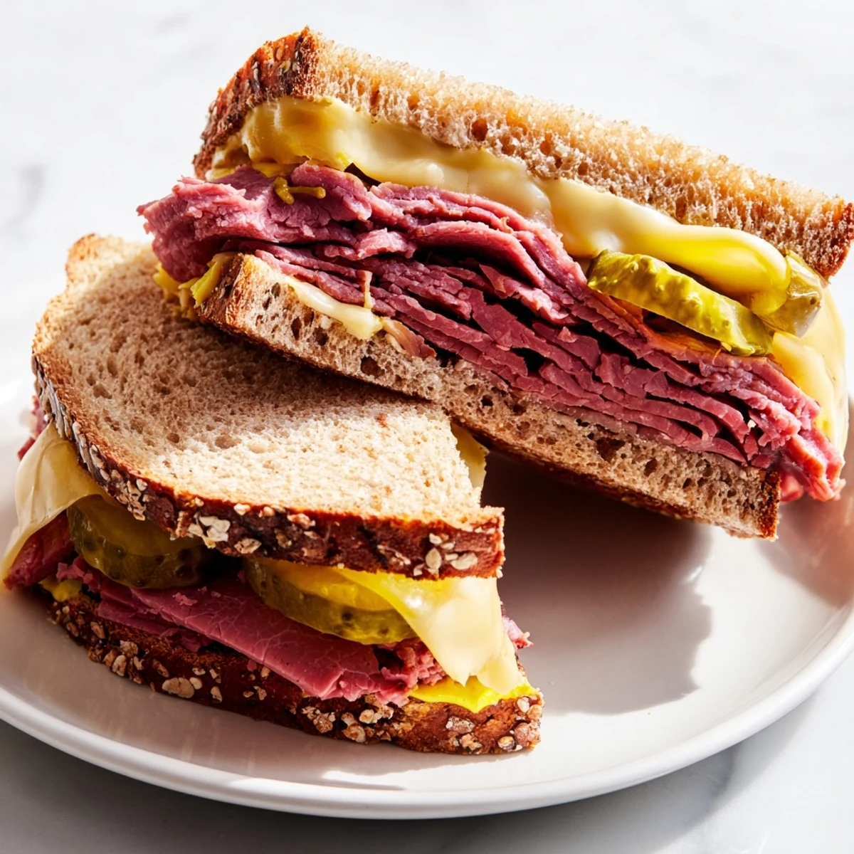 Classic Corned Beef Sandwich on Rye with Pickles served with chips and a cold drink at lunch.
