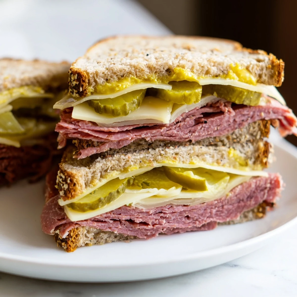 Tasty Corned Beef Sandwich on Rye with Pickles stacked high with tangy pickles and mustard on a plate.