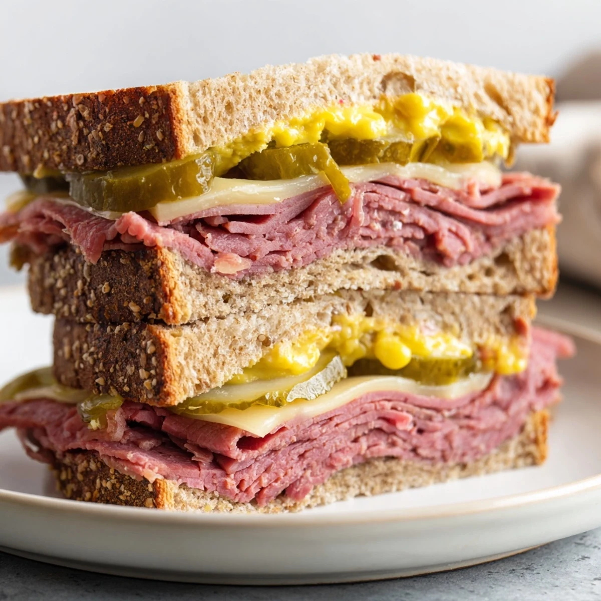 Close-up of Corned Beef Sandwich on Rye with Pickles showing melted Swiss and crisp lettuce on seeded rye.
