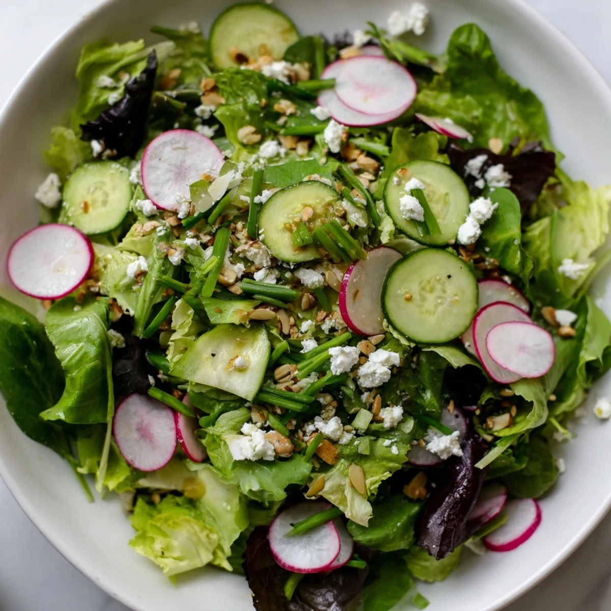 Vibrant Spring Greens Salad with Lemon Vinaigrette featuring crisp cucumber and radish slices ready to serve for lunch.