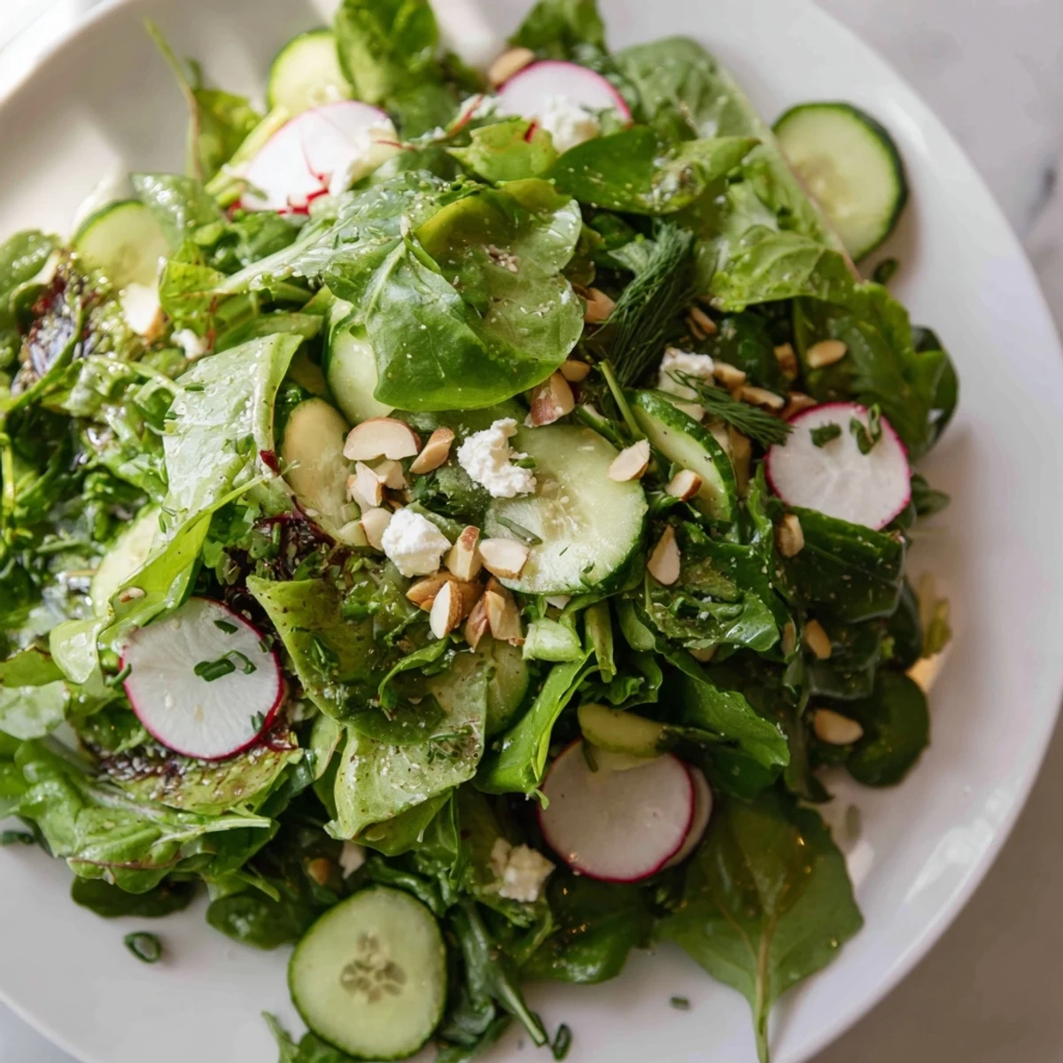 Fresh Spring Greens Salad with Lemon Vinaigrette topped with crumbled goat cheese and sliced almonds on a rustic table.