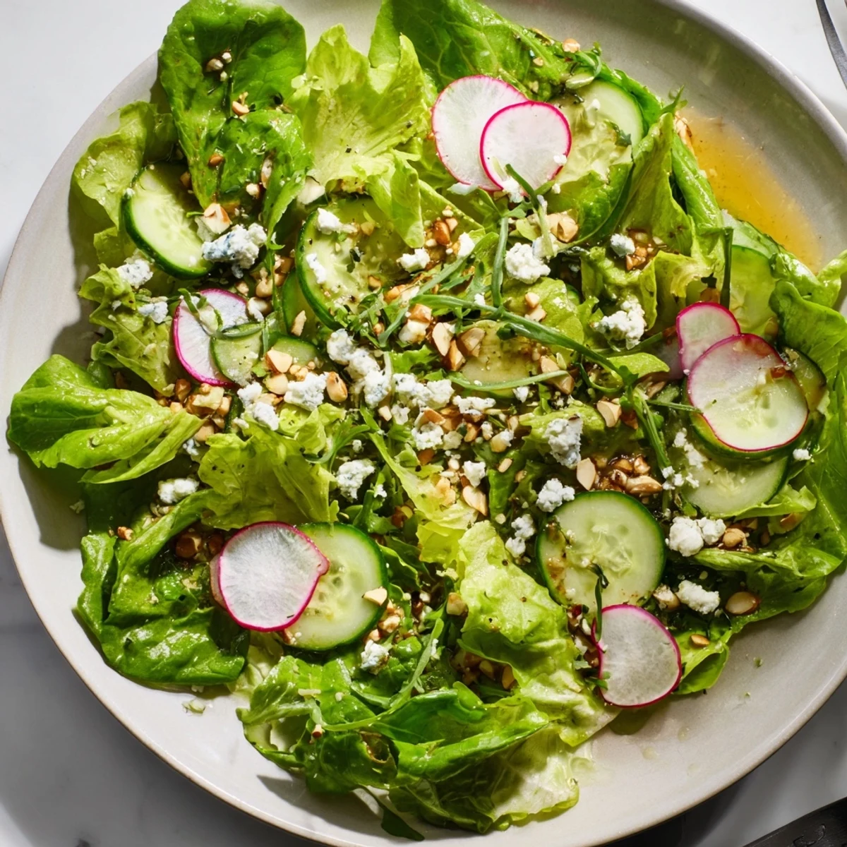Close-up of Spring Greens Salad with Lemon Vinaigrette showing fresh greens, chopped chives, and a drizzle of dressing.