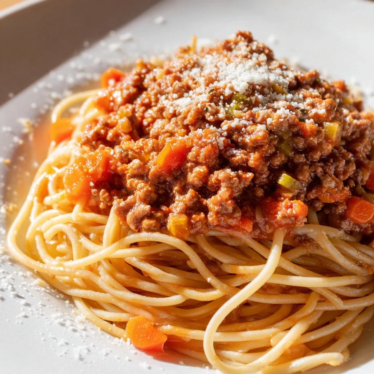 Savory beef Bolognese with spaghetti and Parmesan in a white bowl, garnished with fresh herbs and a glass of red wine nearby.