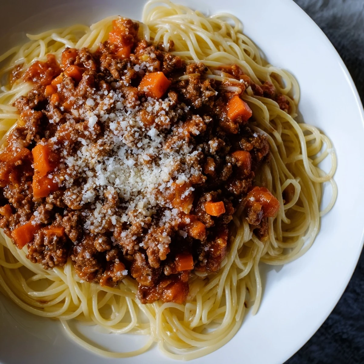 Close-up of Beef Bolognese with Spaghetti and Parmesan showing rich, chunky sauce, al dente noodles, and freshly grated cheese on top.