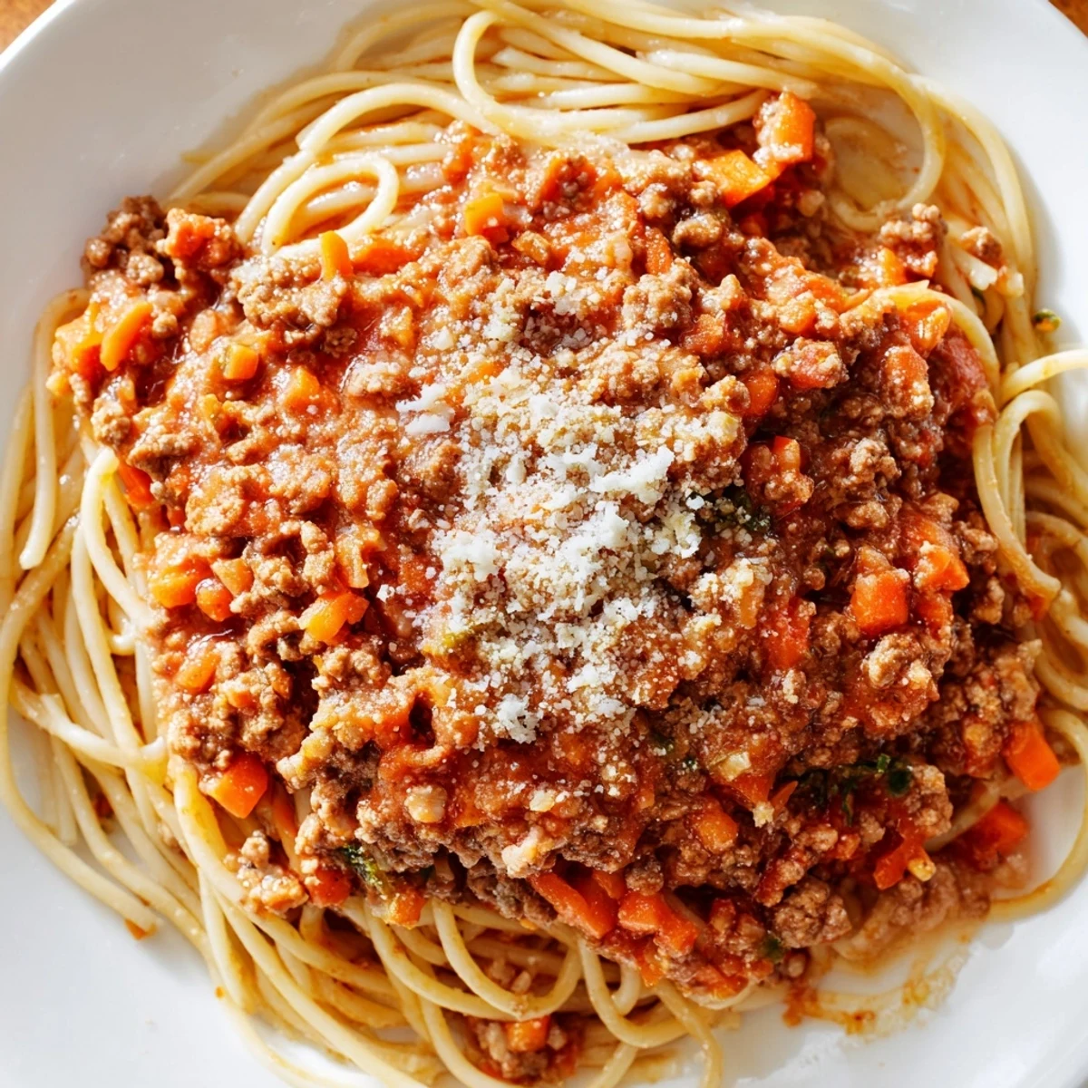 Comforting plate of Beef Bolognese with Spaghetti and Parmesan, perfect for a cozy Italian family dinner at home.