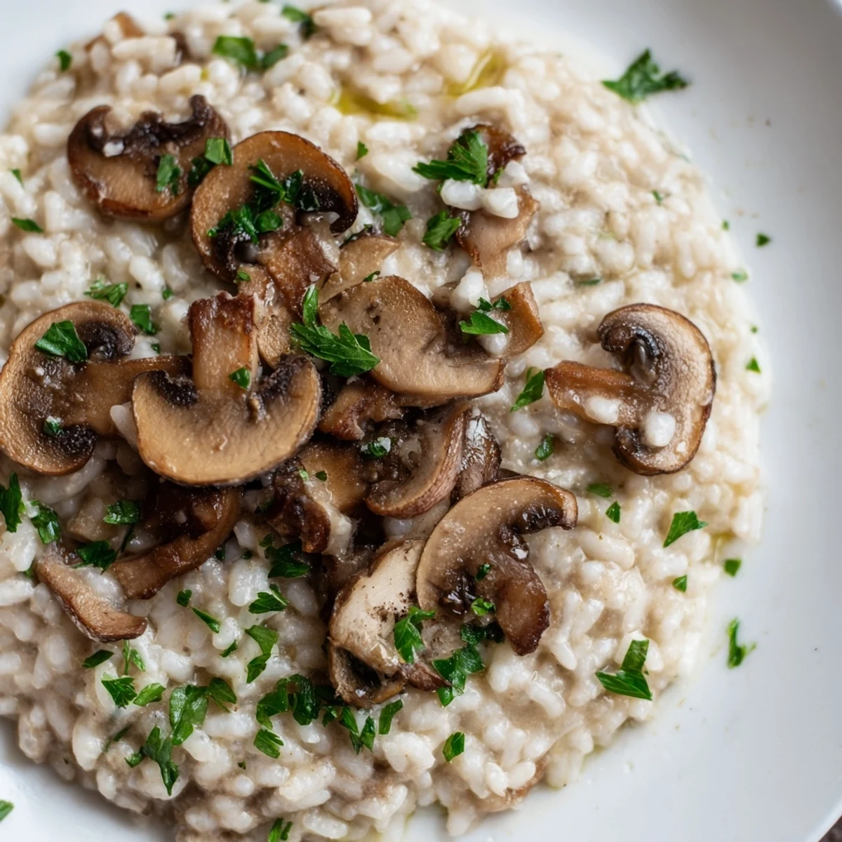 Velvety Creamy Mushroom Risotto with Truffle Oil glistening in a shallow white bowl, garnished with fresh parsley.
