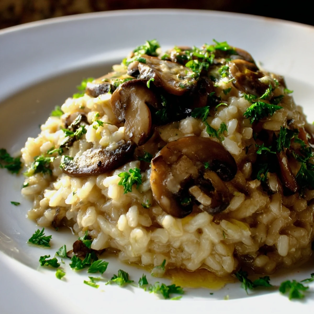 Creamy Mushroom Risotto with Truffle Oil steaming beside a glass of crisp white wine on a rustic table.