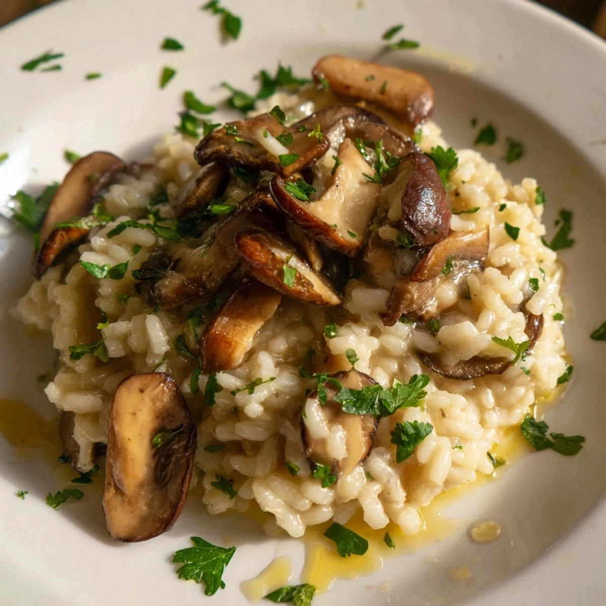 A close-up of creamy Arborio rice and earthy mushrooms topped with a drizzle of aromatic truffle oil.