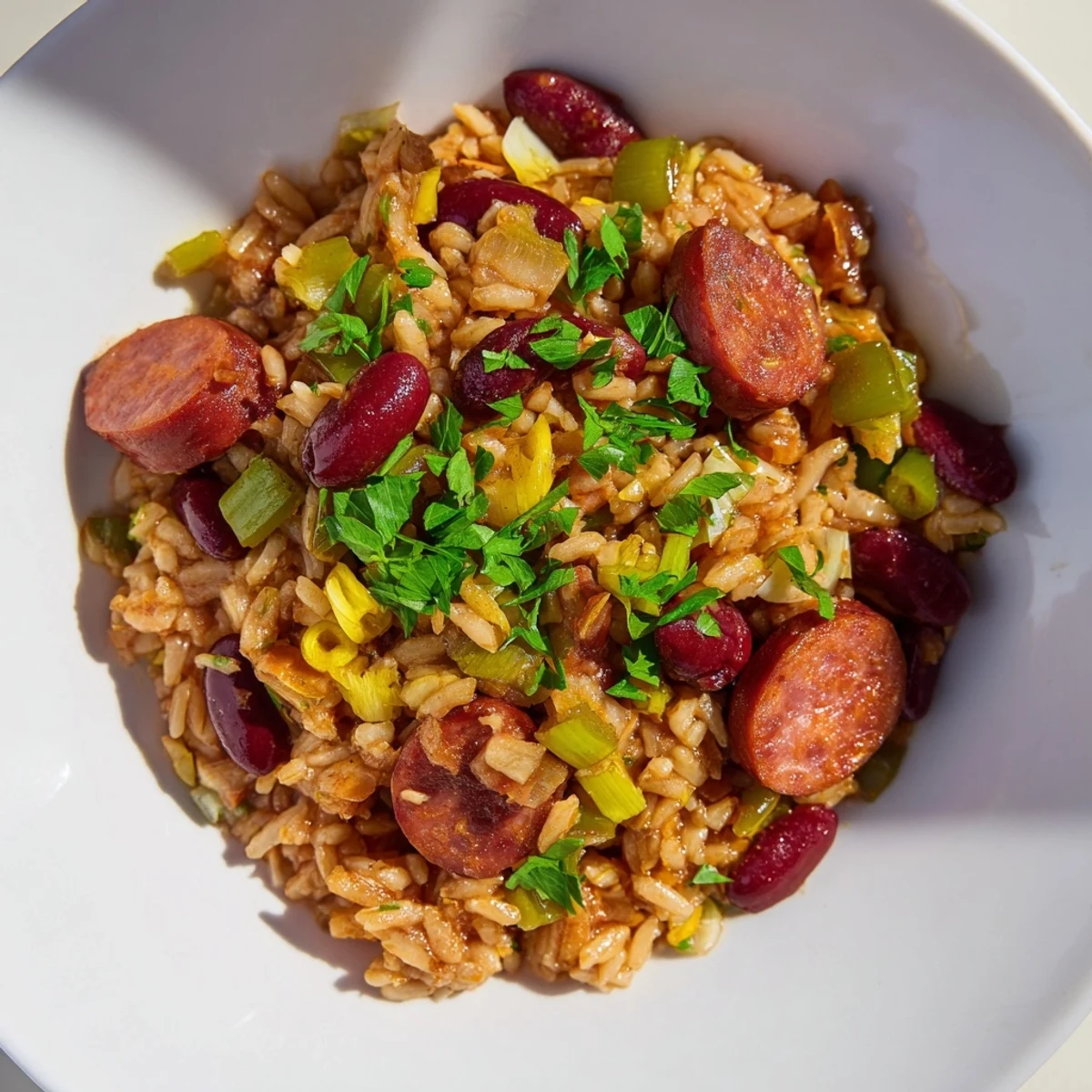 Steam rises from a pot of Mardi Gras Rice and Beans with Sausage, showcasing vibrant bell peppers and fluffy rice beside andouille slices.