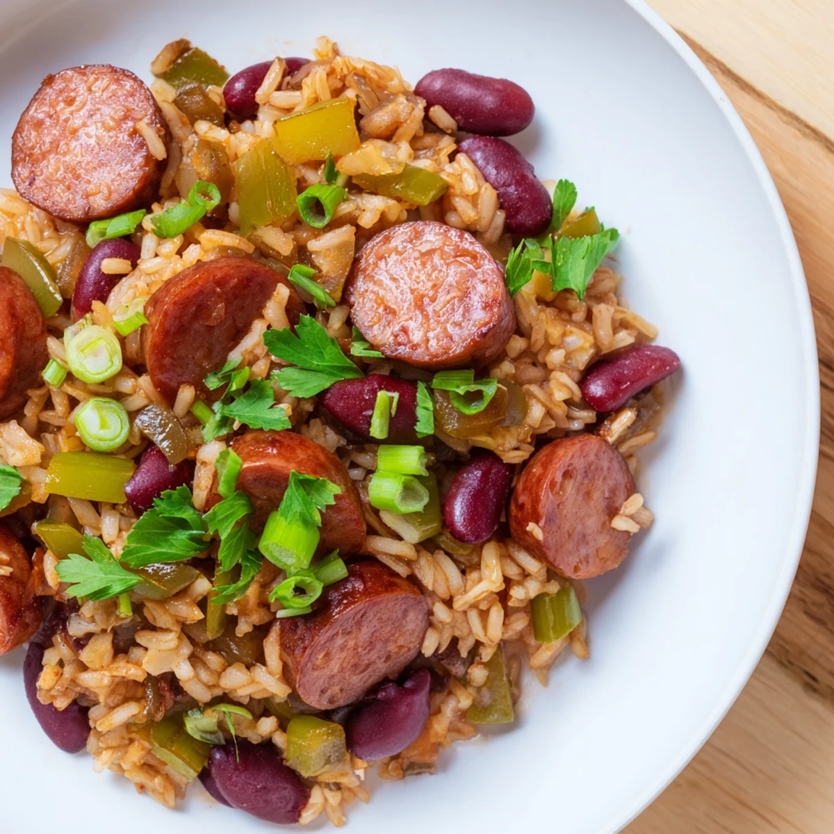 A fork lifts a savory bite of Mardi Gras Rice and Beans with Sausage from a rustic skillet, garnished with fresh green onions.