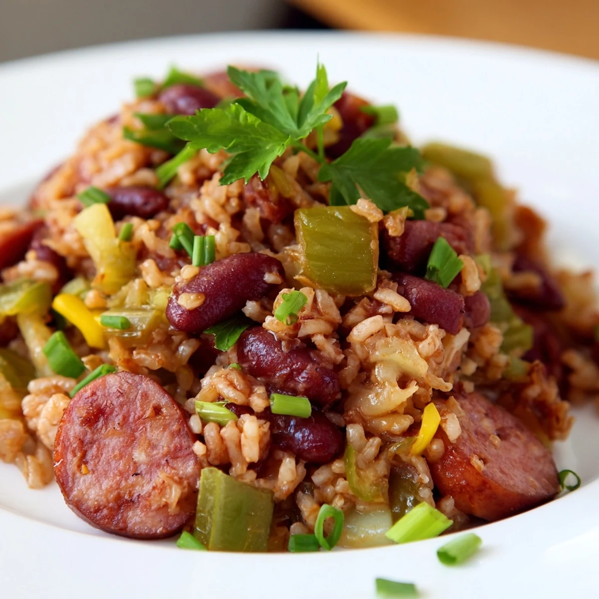 A close-up of Mardi Gras Rice and Beans with Sausage reveals tender red kidney beans and juicy sausage nestled among aromatic Creole vegetables.