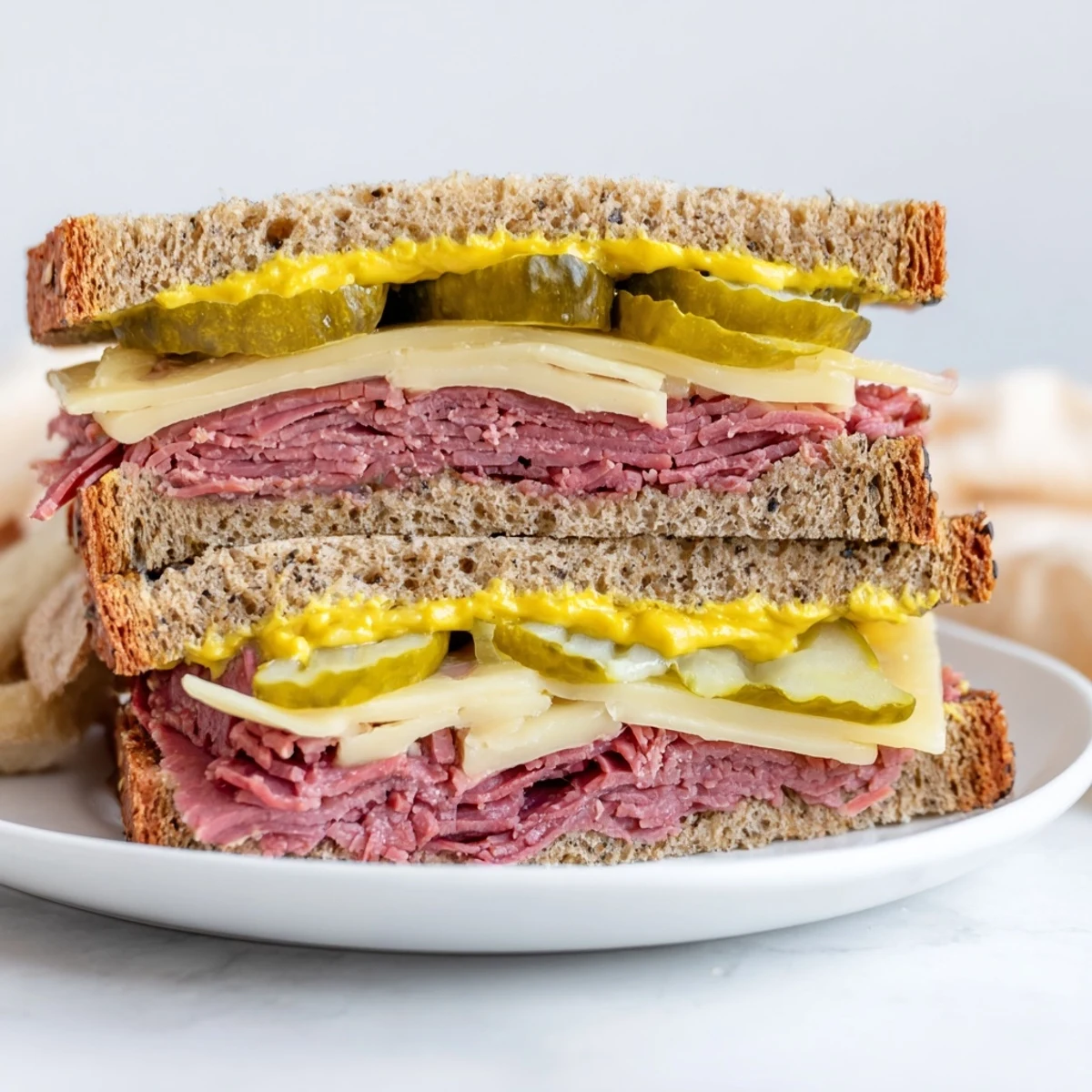 A close-up of a Corned Beef Sandwich on Rye with Pickles highlights layers of meat, Swiss cheese, and tangy pickles.