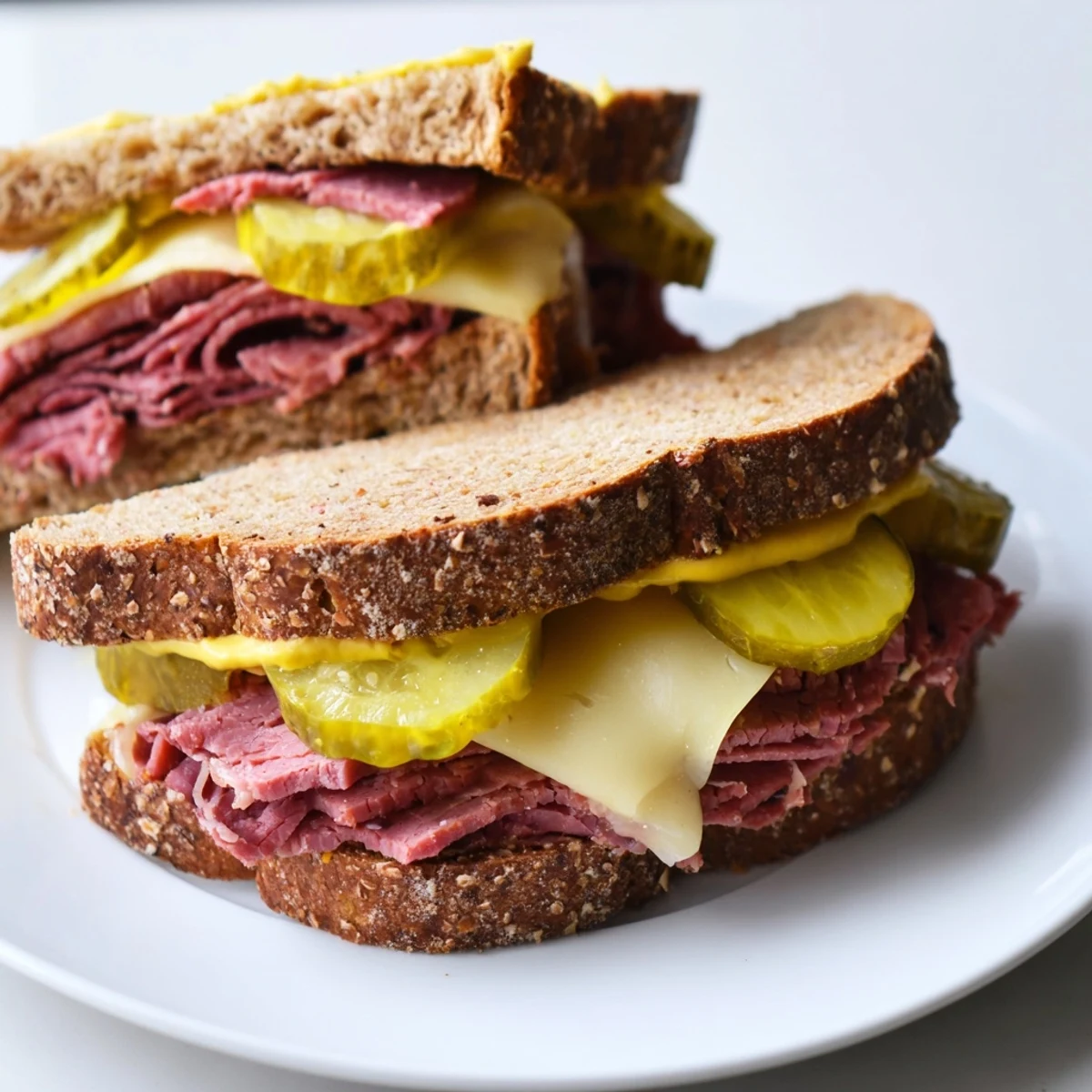 A stacked deli-style Corned Beef Sandwich on Rye with Pickles served with potato chips and mustard on the side.