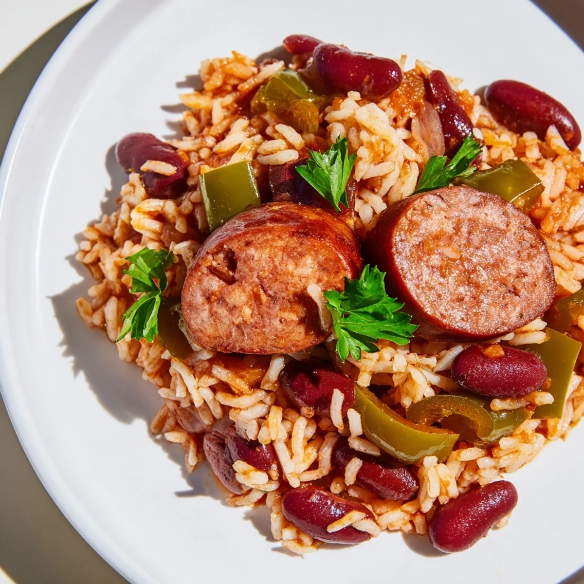 Savory Mardi Gras Rice and Beans with Sausage garnished with fresh parsley and green onions, served on a festive plate for celebration.