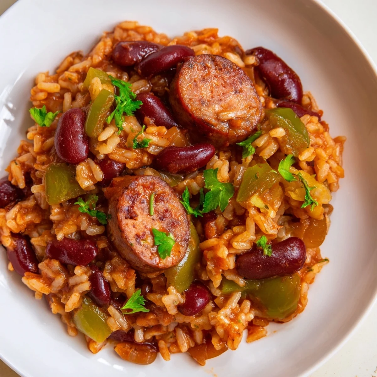 Comforting Mardi Gras Rice and Beans with Sausage in a rustic pot, featuring smoky sausage pieces mixed with vibrant vegetables and spices.