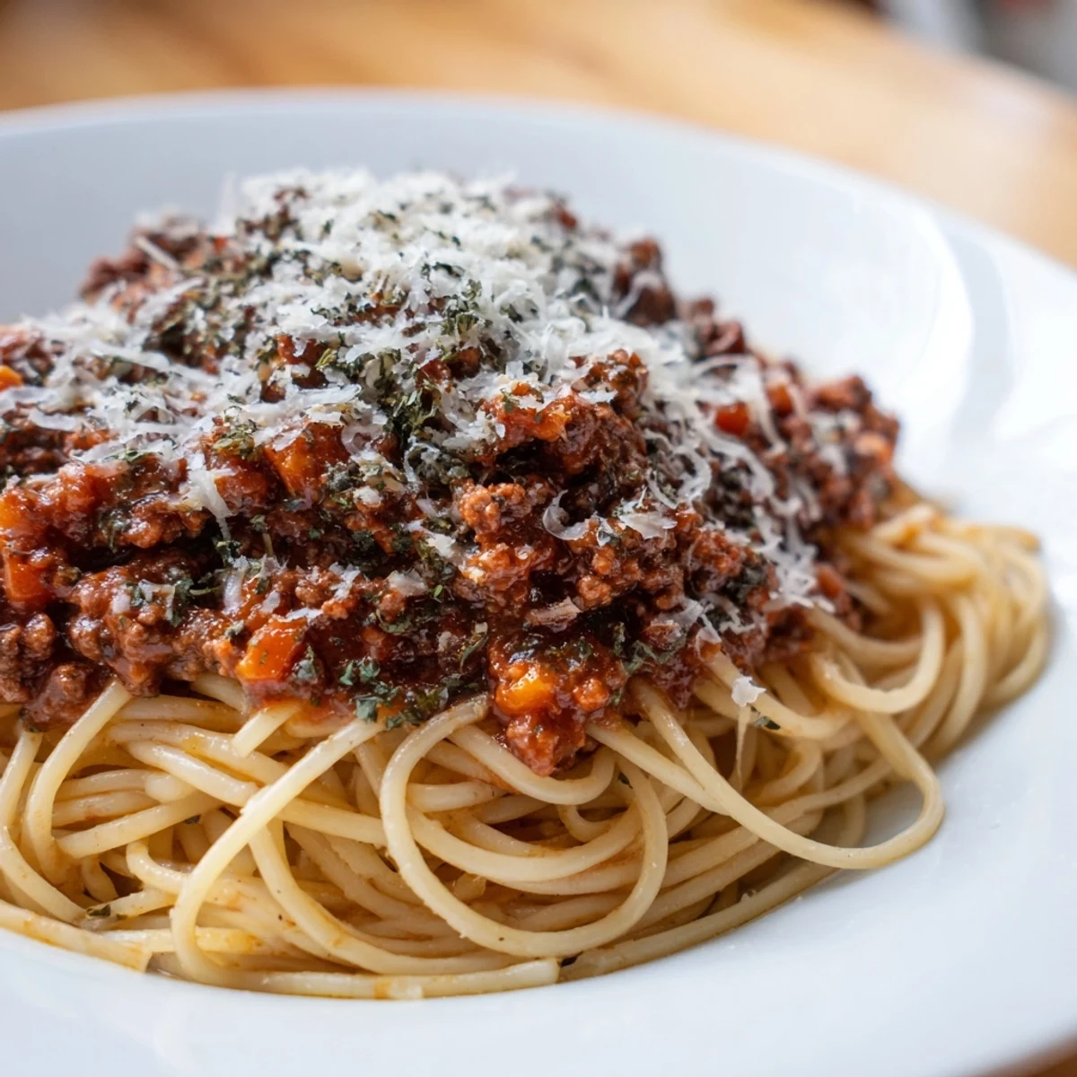 Golden strands of al dente spaghetti are coated in a rich, slow-simmered beef Bolognese sauce, garnished with freshly grated Parmesan.