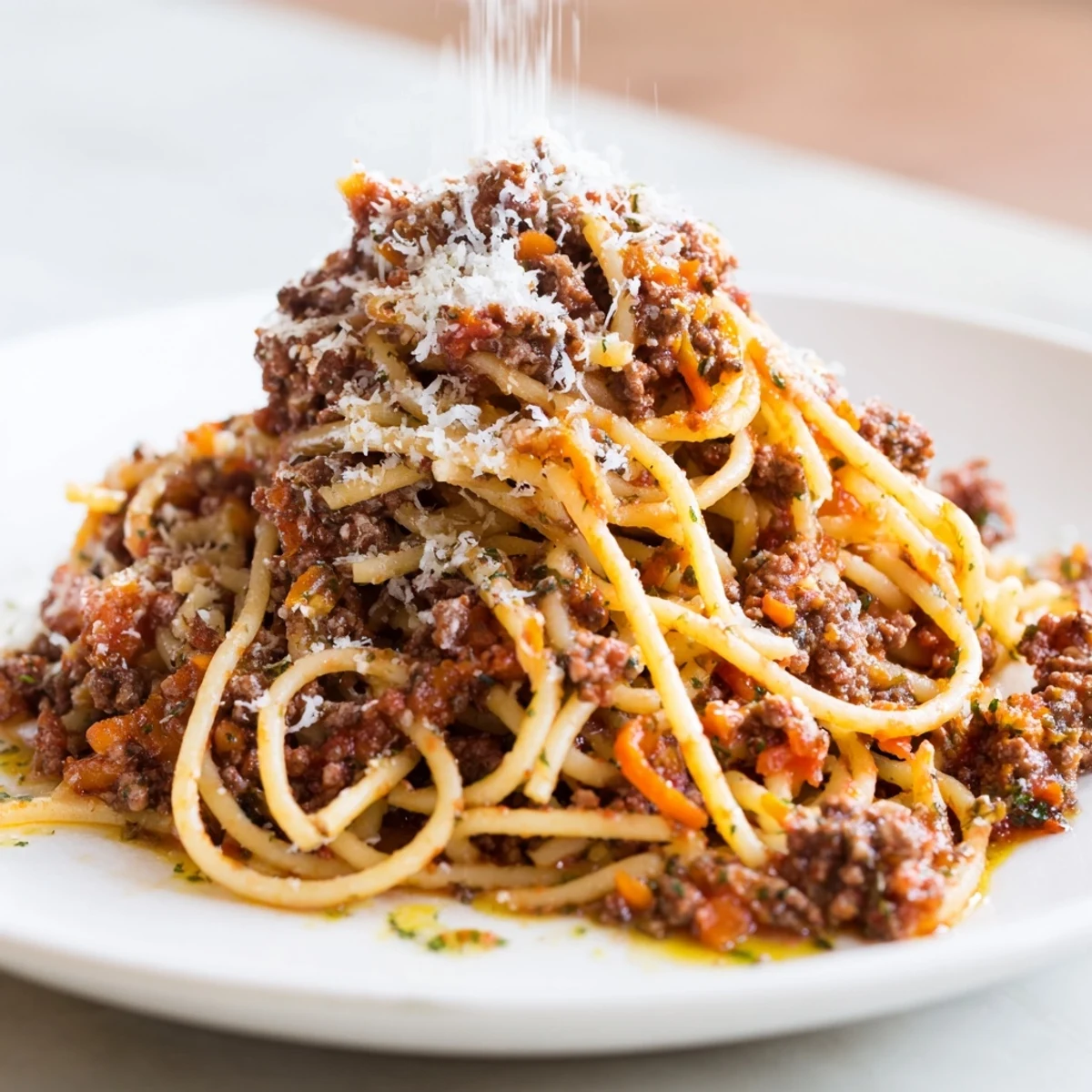 A hearty plate of Beef Bolognese with Spaghetti and Parmesan, steaming beside a glass of red wine on a rustic table.