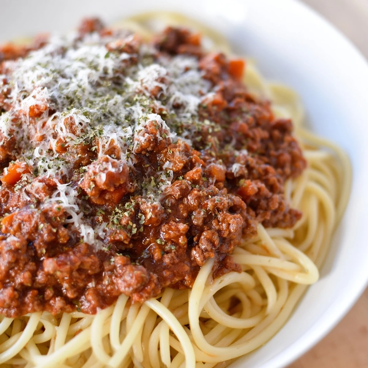 Close-up of tender beef and tomato Bolognese sauce spooned over spaghetti, finished with a snow-like dusting of Parmesan cheese.