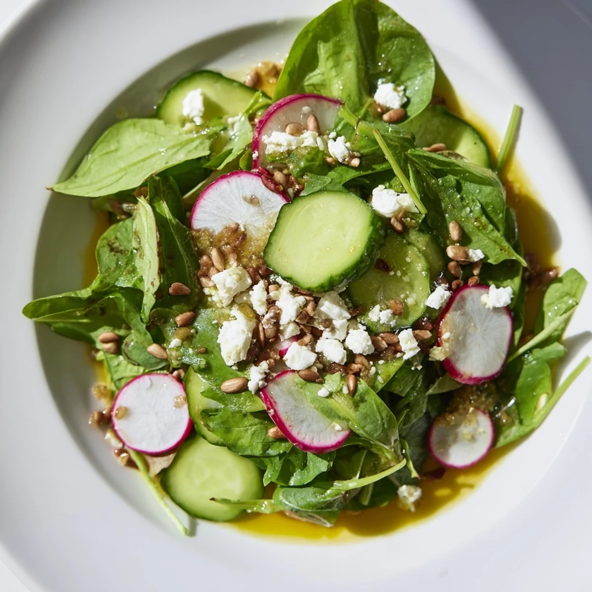 Fresh Spring Greens Salad with Lemon Vinaigrette topped with crumbled feta cheese and toasted sunflower seeds on a rustic wooden table.  